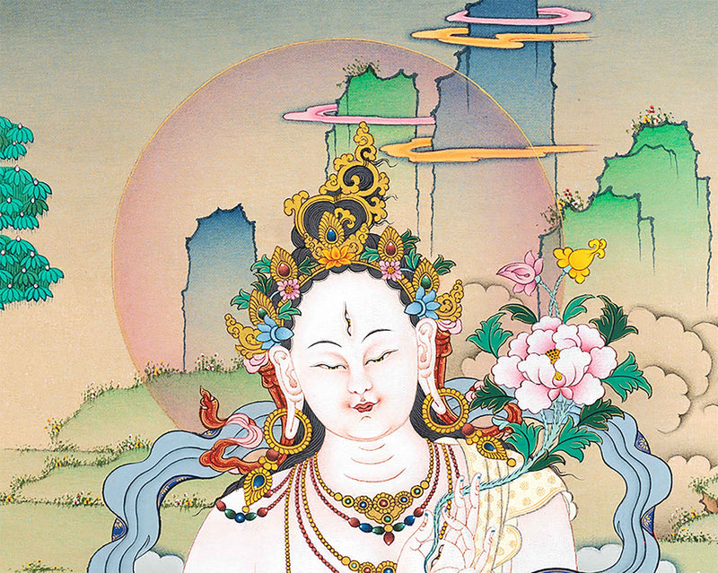White Tara Meditation Art Print | Goddess Of Compassion and Longevity | Spiritual Decors