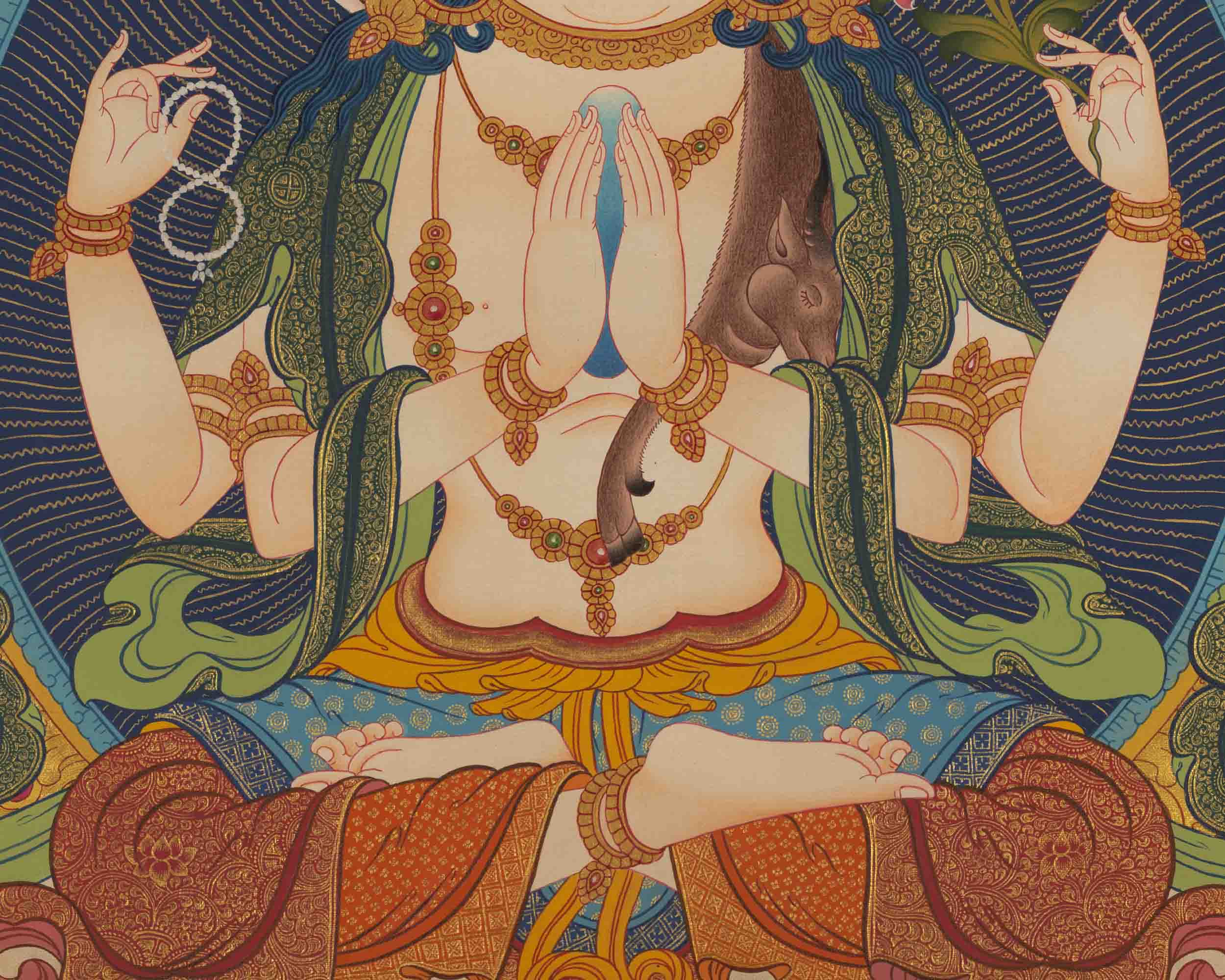 Chenresig Thangka | Followed By Mahalakala And Manjushree  | Religious Wall Decor