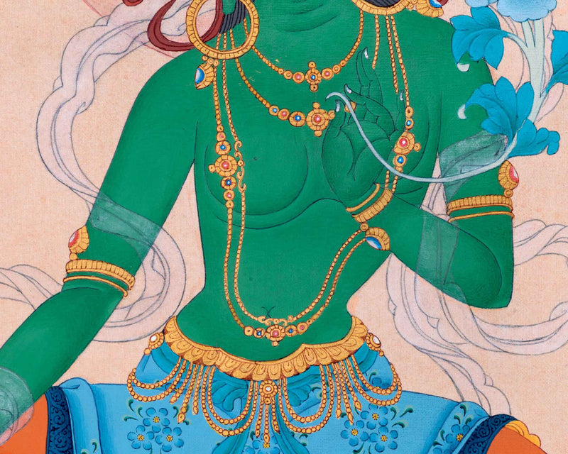 Beautiful Mother Green Tara Thangka For Mindfulness | Traditional Himalayan Thangka Painting For Ritual Practice