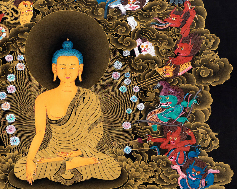 Buddha Shakyamuni And Mara Thangka | Tibetan Hand Painted Art