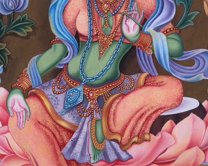 Divine Mother Green Tara Thangka Print | Traditional Artwork | Wall Decors