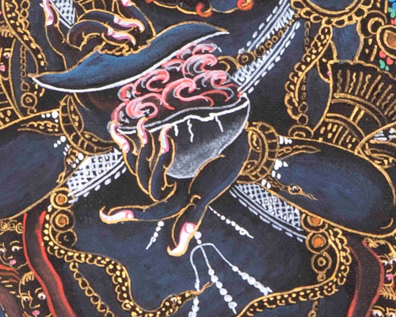 6 Armed Mahakala with Banarasi Silk Brocade  | Hand Painted Thangka Art