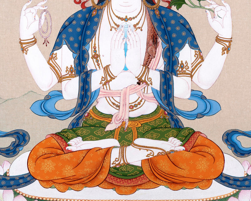 Four-Armed Chenrezig Thangka | Himalayan Bodhisattva Painting