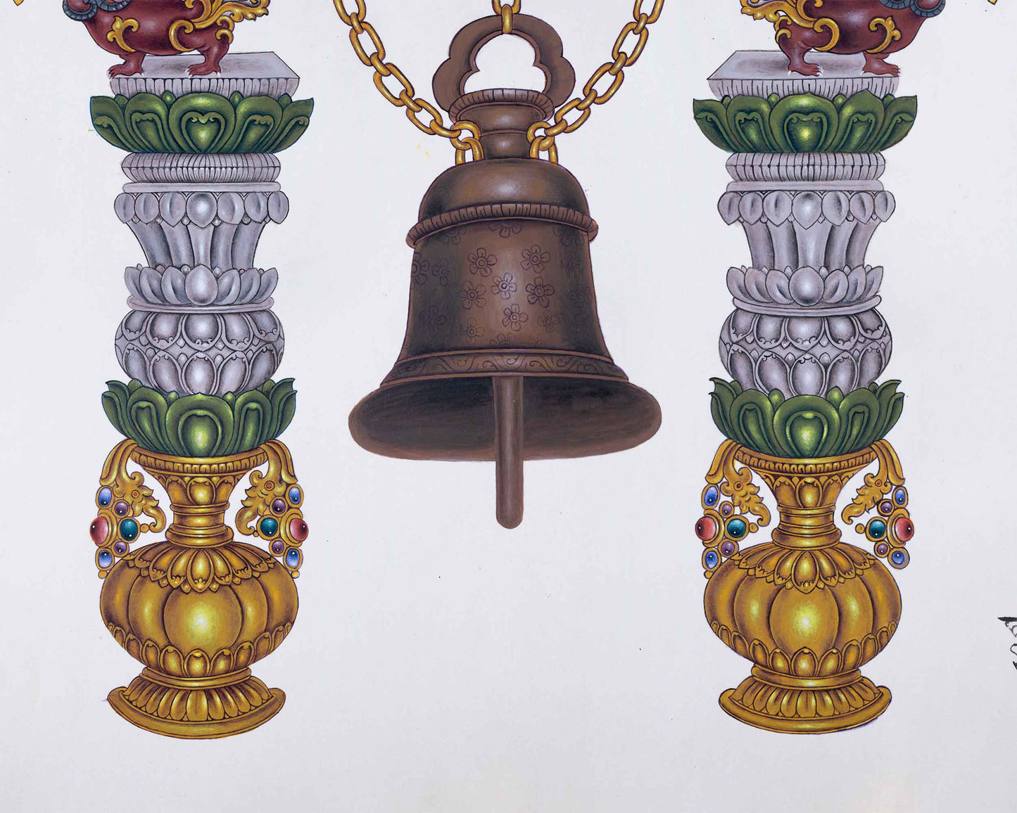 Traditional Bell Art Print For Room Decoration | Newari Paubha Print For Wall Hanging, Room Decor