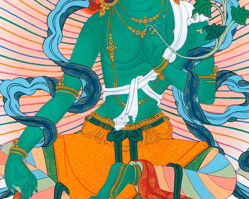 Traditionally Hand-Painted Thangka For Green Tara Yoga Practice | Himalayan Mother Tara Art On Cotton Canvas