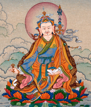 Guru Rinpoche, Padmasambhava Thangka, Tibetan Buddhist Painting in Natural Stone Color & 24K Gold