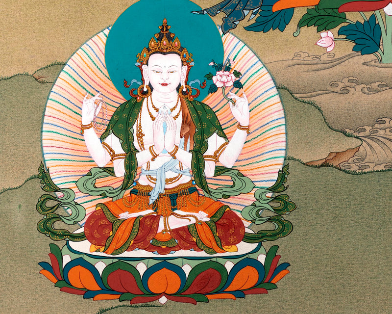 Manjushri With Chenrezig and Vajrapani Thangka | Tibetan Buddhist Thangka Painting