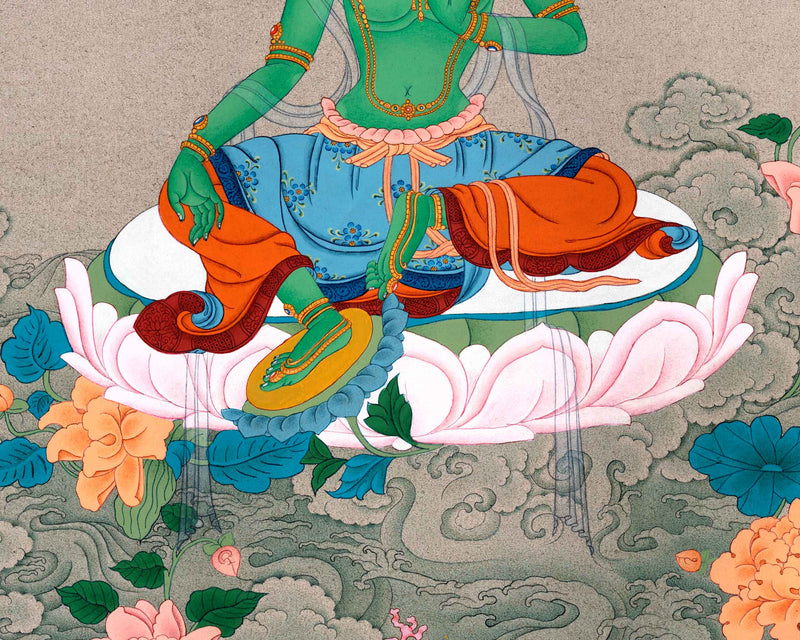 Mother Green Tara's Grace in Artistry | Traditional Thangka Painting | Religious Decors