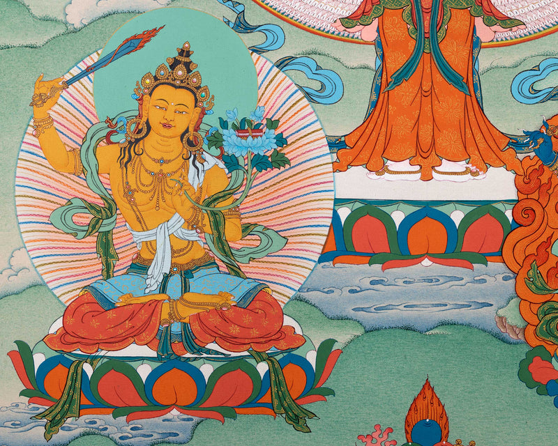 1000 Armed Chenrezig With Manjushri, Vajrapani and Amitabha | Thangka Print