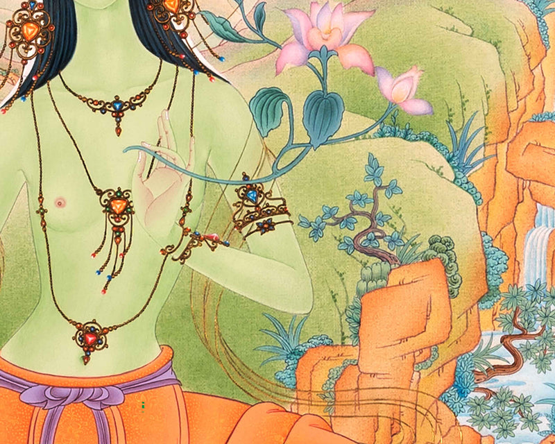 Green Tara Goddess Thangka | Hand-Painted Mother Tara Thangka For Mindfulness