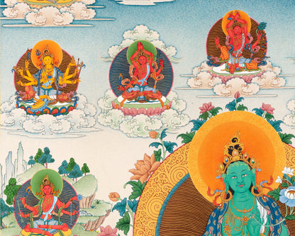 21 Tara of Suryagupta Tradition, Tibetan Thangka Print with Brocade