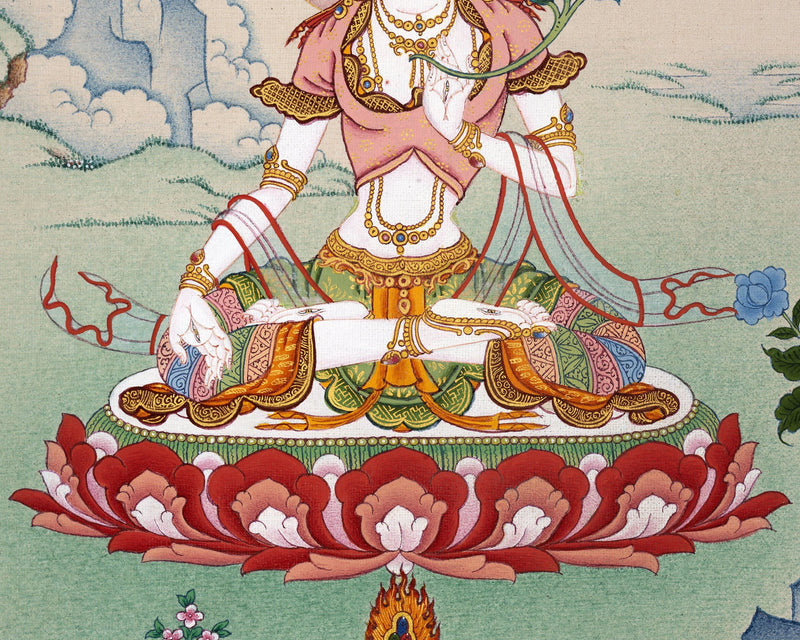 White Tara Thangka | Tibetan Tara Painting (includes Brocade)