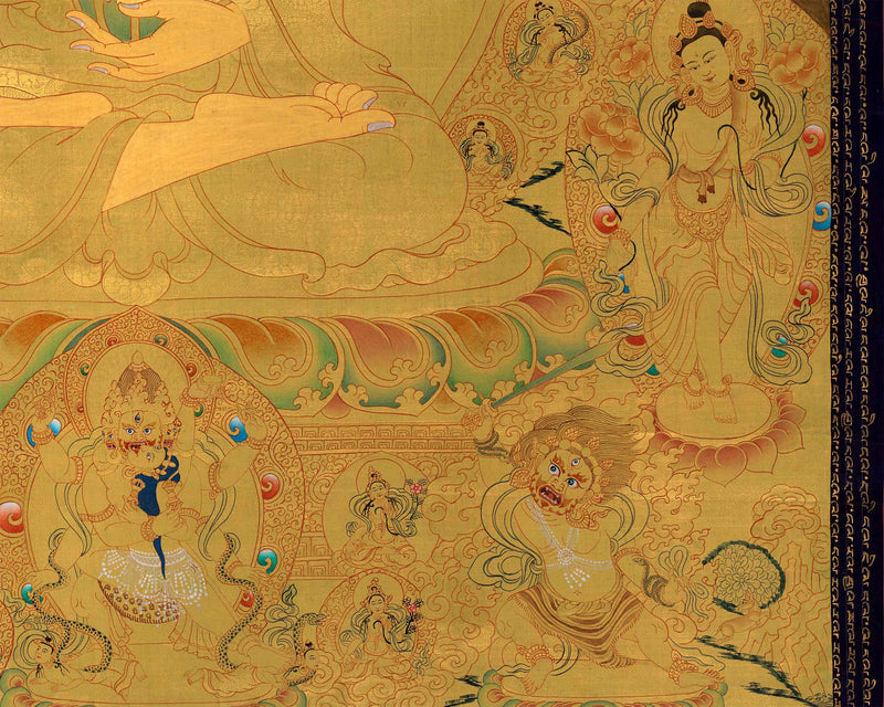 Divine Gautama Buddha Art | Shakyamuni Thangka in Glorious Gold | Traditional Hand Painted Thangka Art