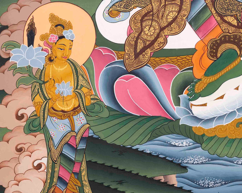 Green Tara Thangka | Religious Buddhist Painting | Wall Hanging Decors