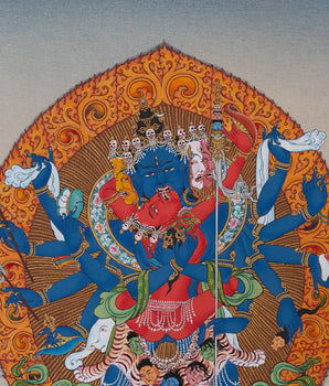 12 Armed Chakrasamvara- Vajravarahi, Tibetan Thangka Painting in Natural Stone Colors