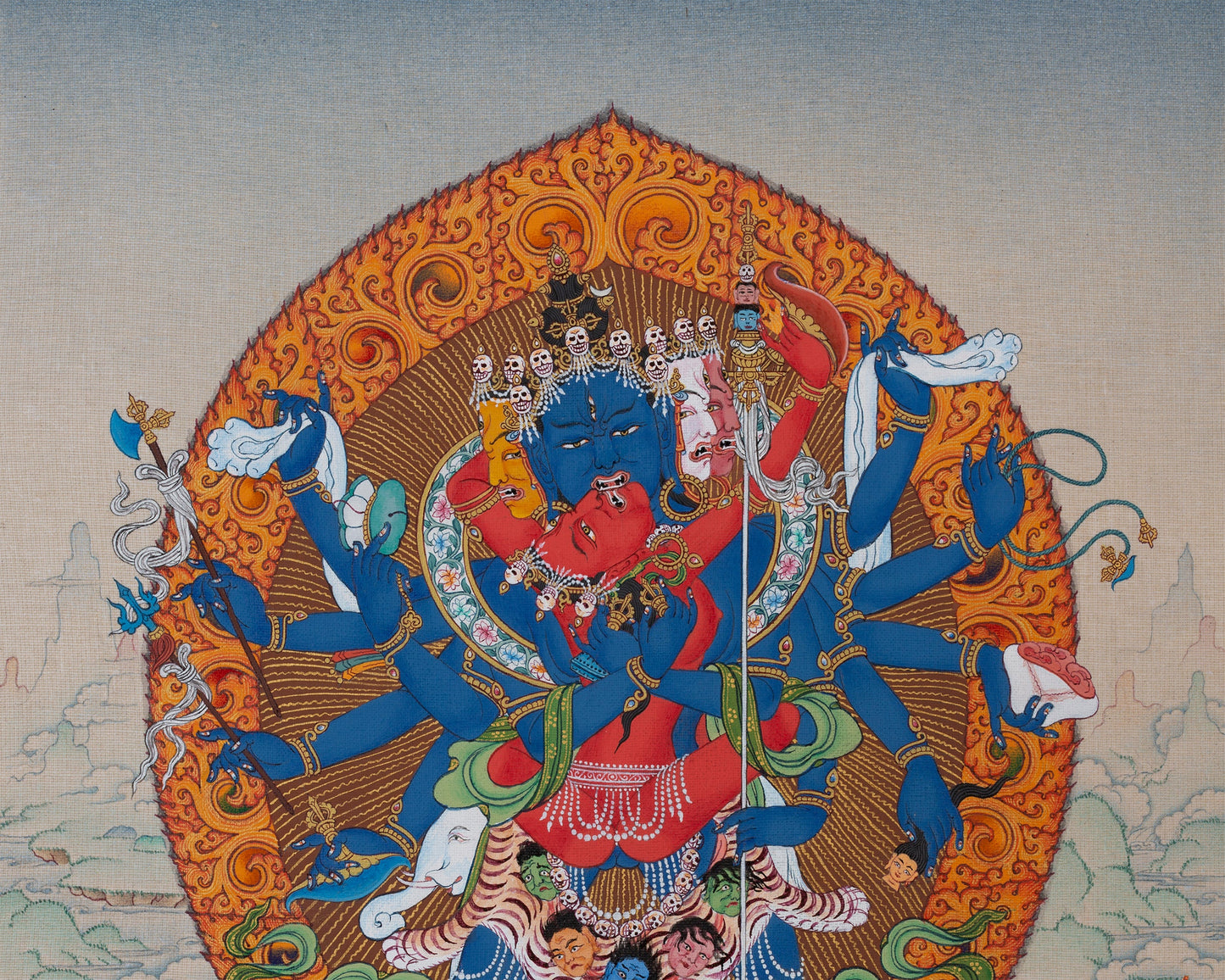 12 Armed Chakrasamvara- Vajravarahi, Tibetan Thangka Painting in Natural Stone Colors