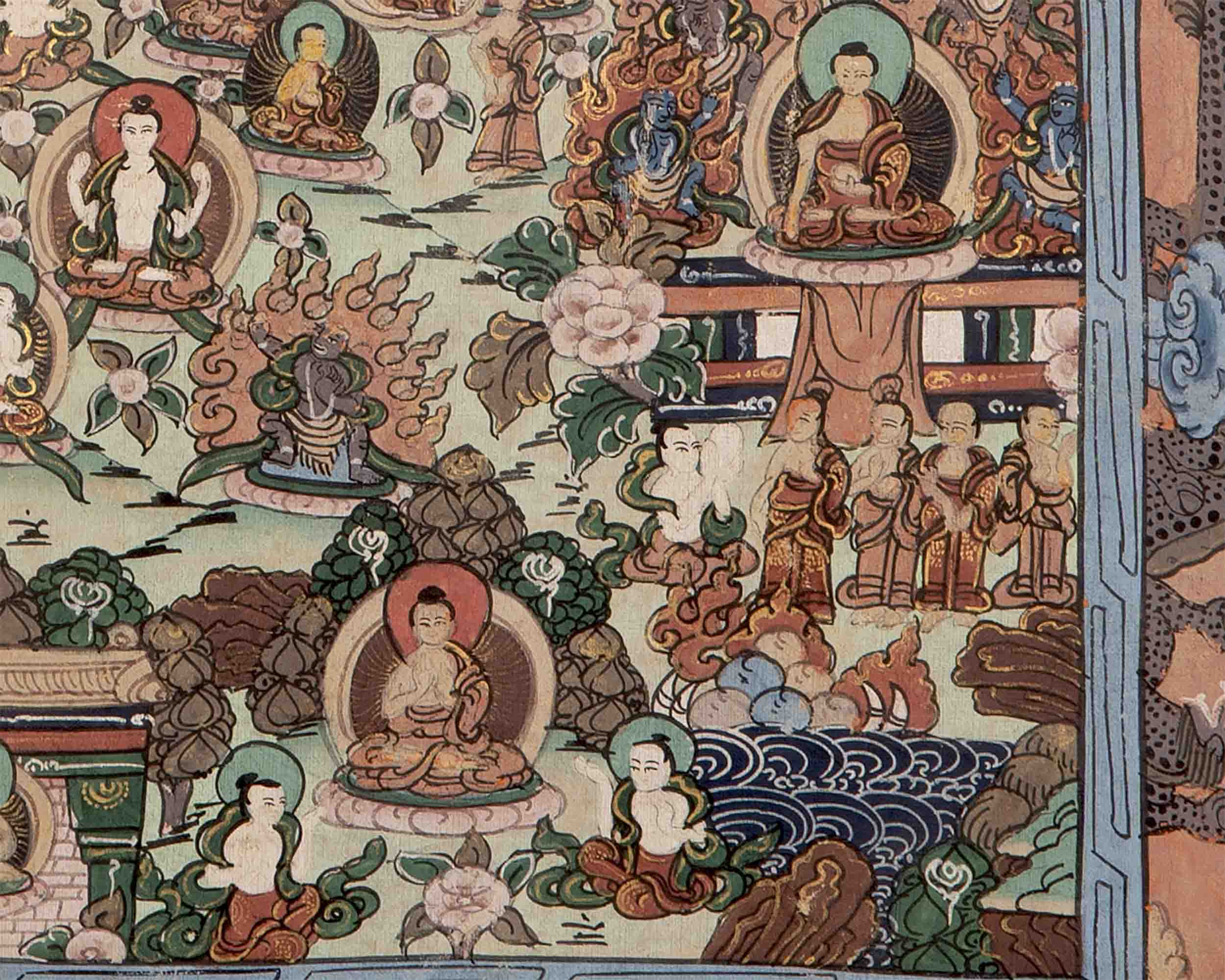 Buddha life Story Thangka | Wall Decoration Painting with Brocade