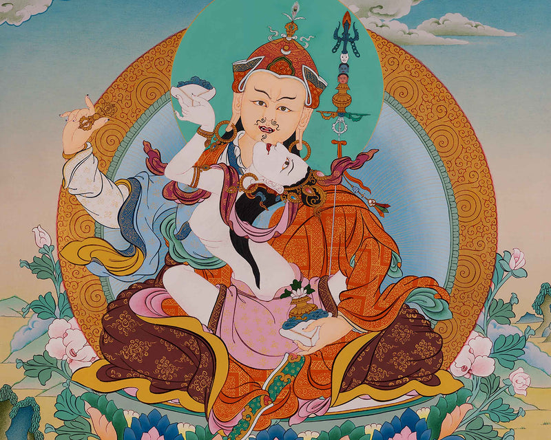 Buddha Padmasambhava With Consort Thangka Painting | Traditional Buddhist Art