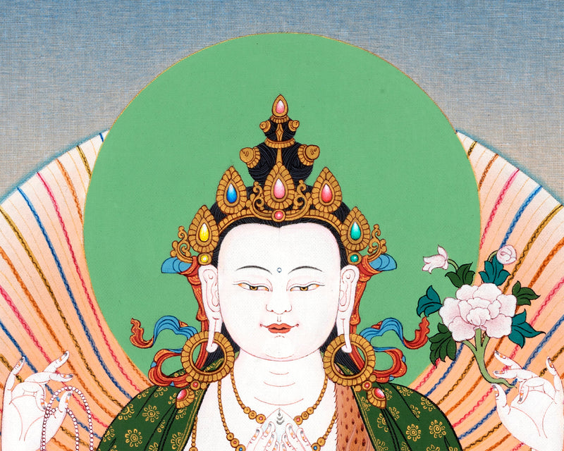 Avalokiteshvara- Chenrezig, Manjushri & Vajrapani Thangka Painting, Tibetan Buddhist Art