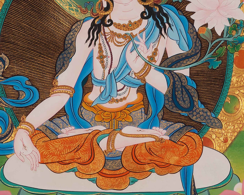 White Tara Female Buddha Thangka | Hand-Painted Art for Meditation