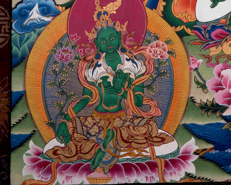 Large Green Tara Thangka | Traditional Brocaded Artwork | Wall Decors