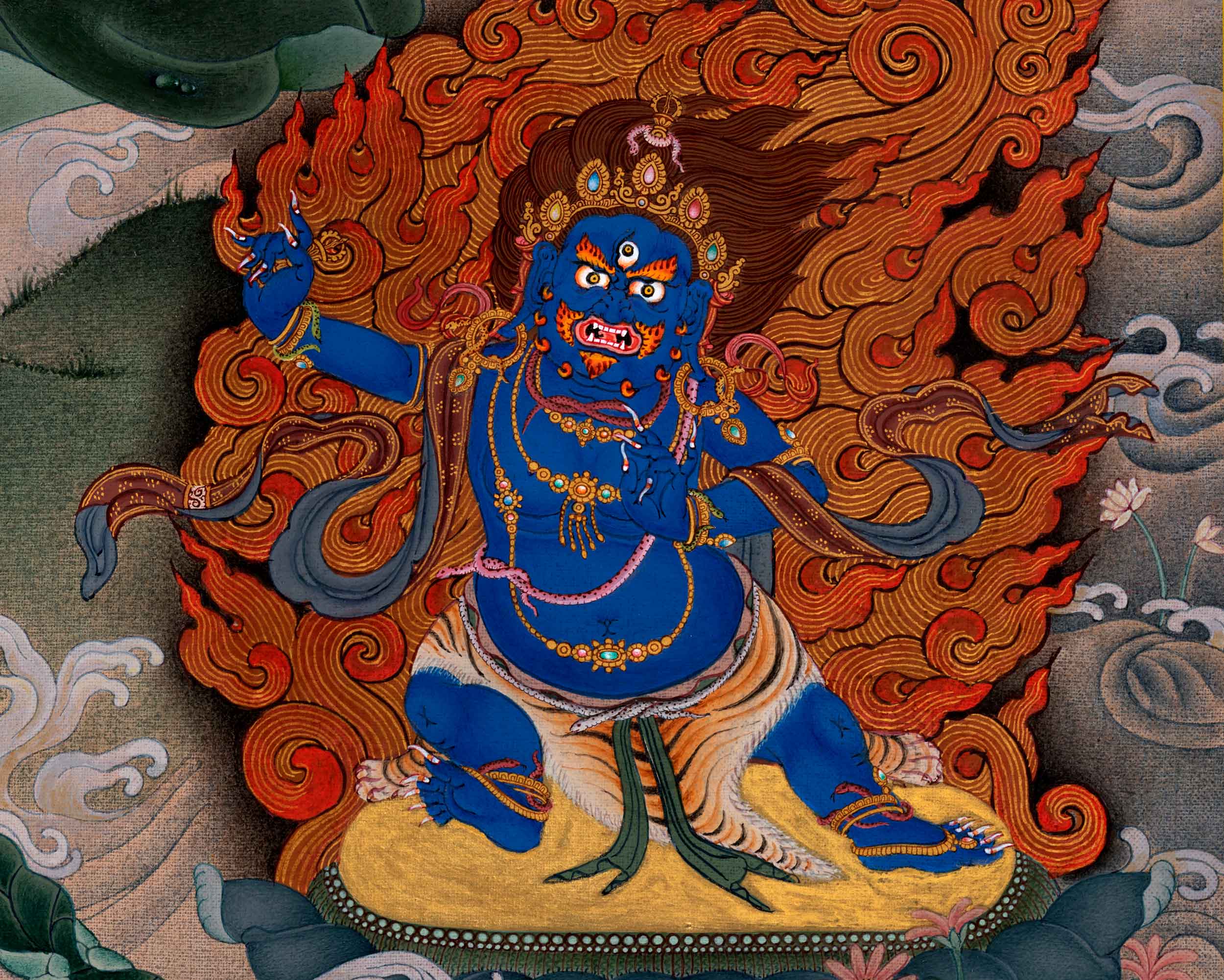 Manjushri with Chenrezig and Vajrapani Thangka | Hand Painted Artwork of Traditional Buddhism | Meditation Art