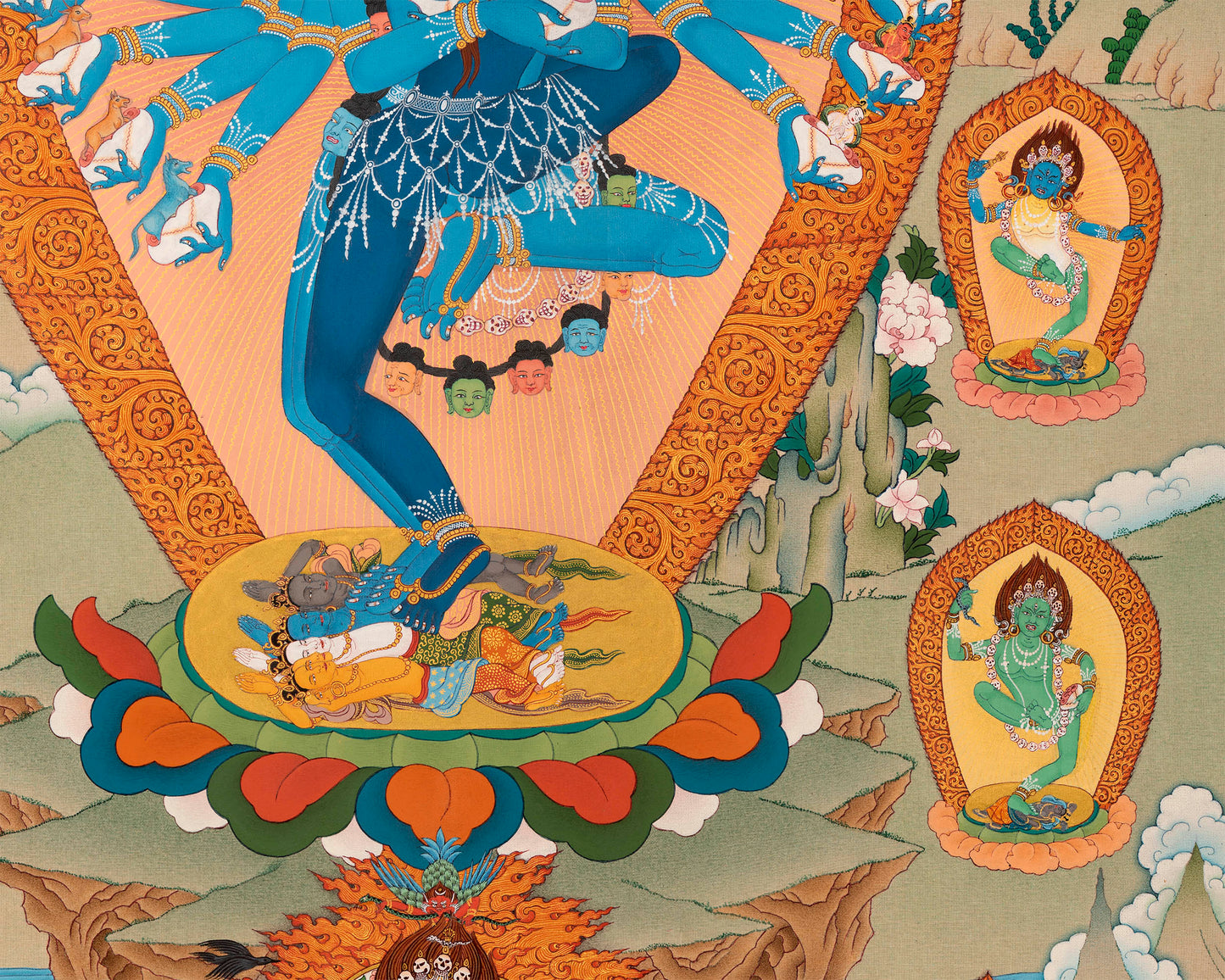 Hevajra with Vajra Nairatmya and the 8 Dakinis, Tibetan Thangka Painting