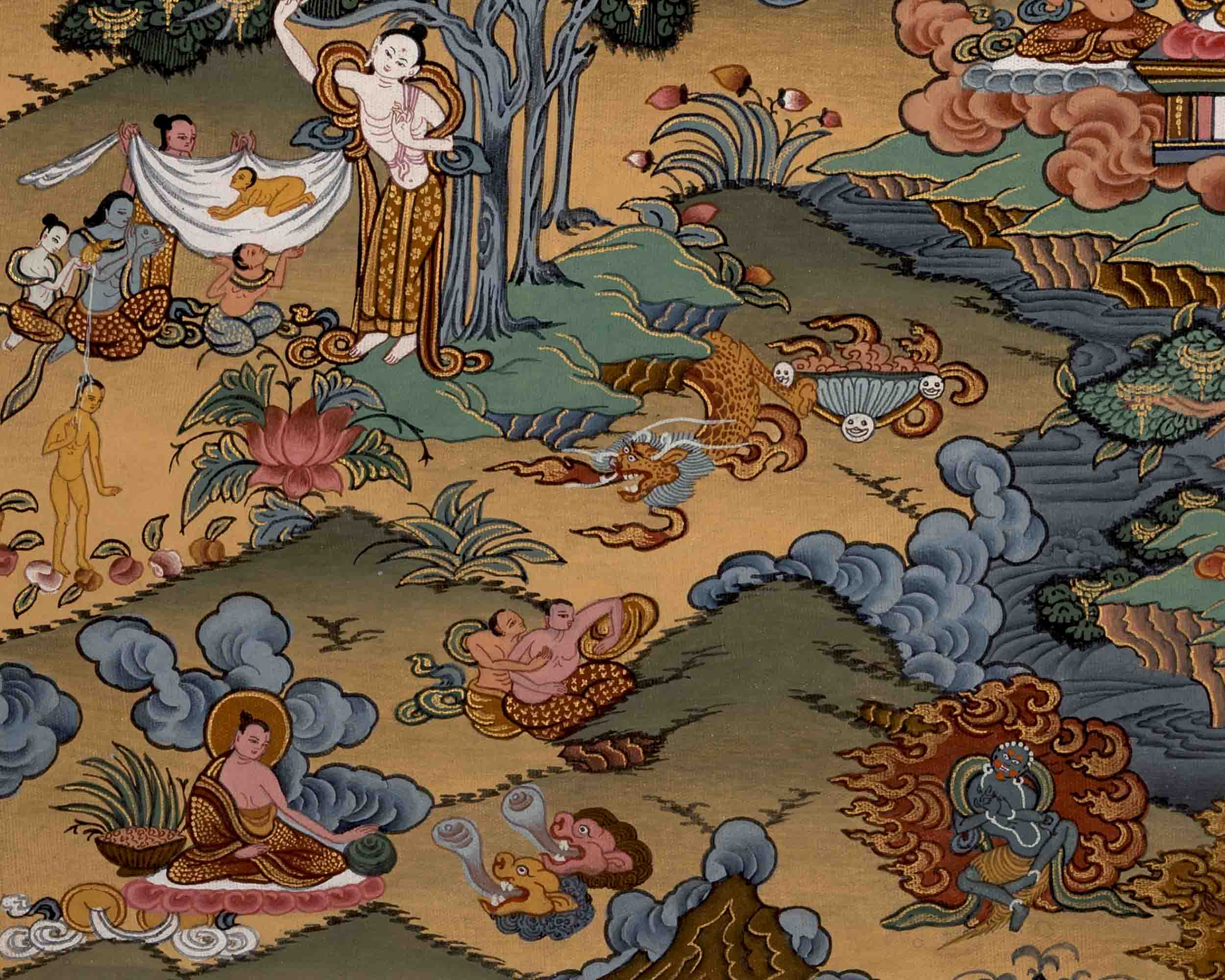 Buddha Life Story | Vintage Tibetan Thangka | Wall Decors