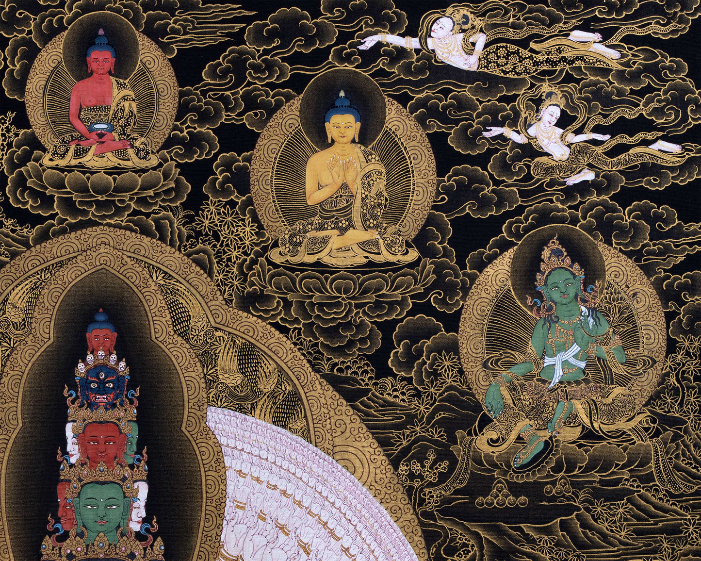 1000 Armed Chenrezig With Guru Rinpoche And Others | Tibetan Thangka Painting