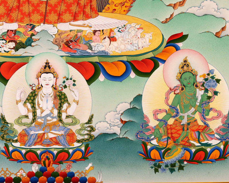 Sitatapatra Thangka Print with Green Tara, White Tara and Chenrezig