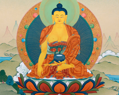 Shakyamuni Buddha Thangka, Hand Painted Tibetan Buddha Painting in 24K Gold