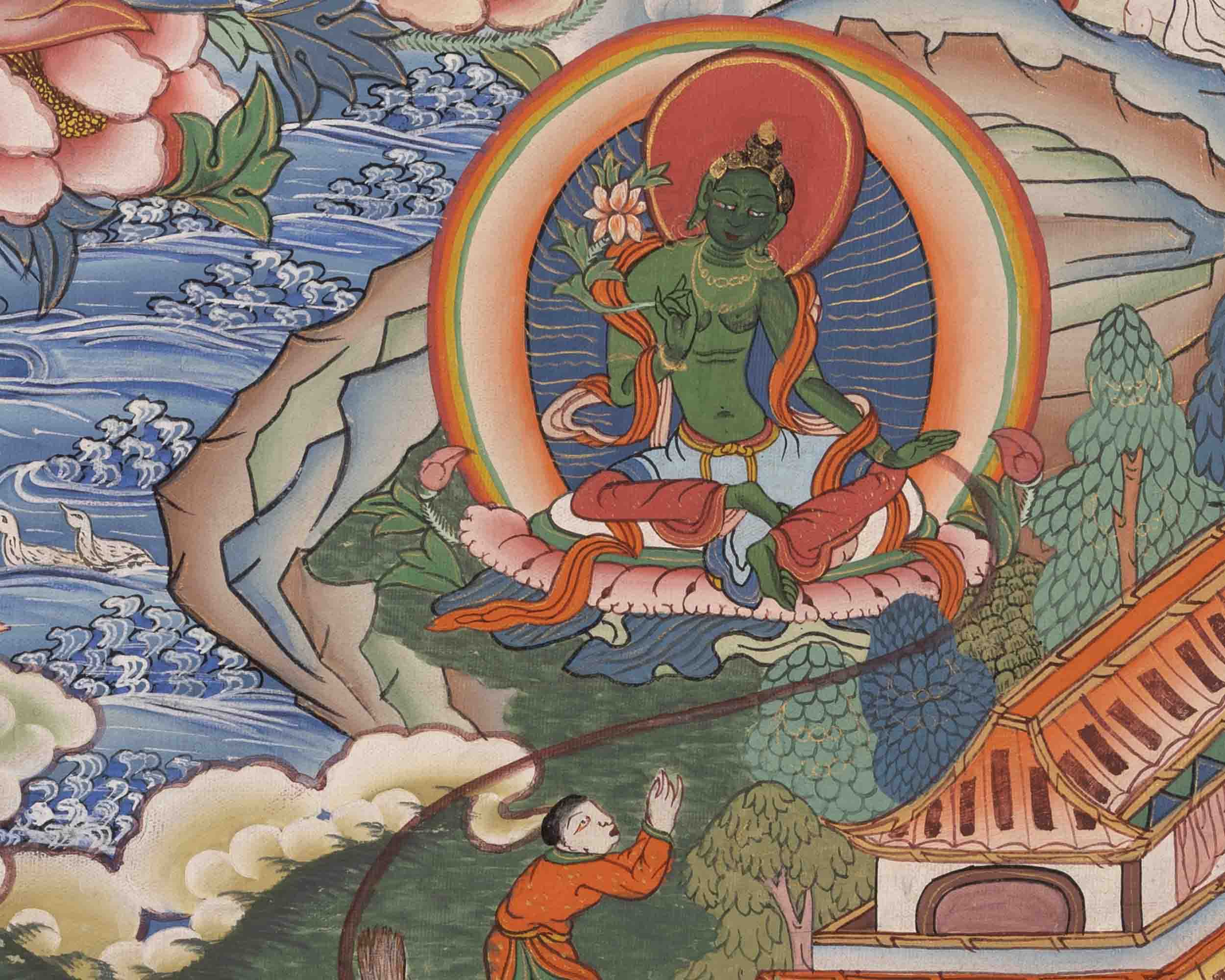 Healing Green Tara Thangka | Healing Female Deity Painting | Wall Decors