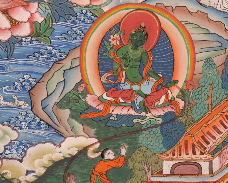 Healing Green Tara Thangka | Healing Female Deity Painting | Wall Decors