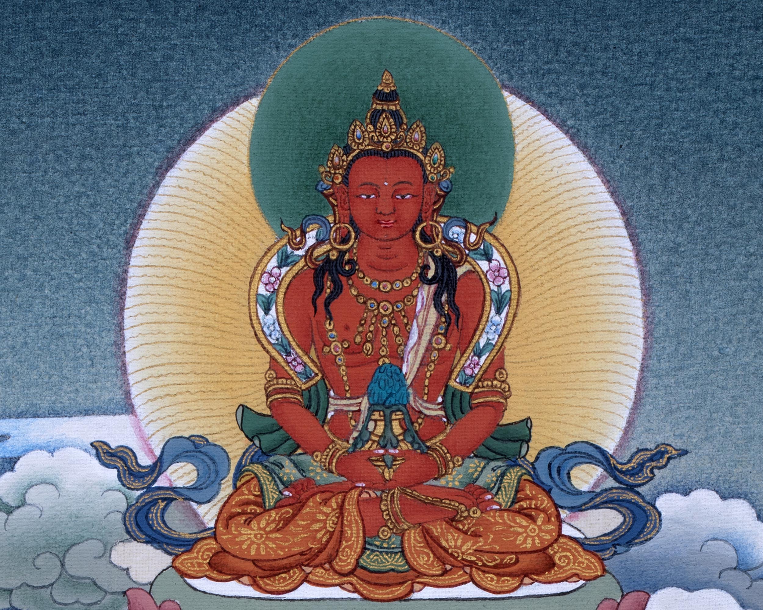 Namgyalma With Amitayus and White Tara Thangka Print | High Quality Giclee Canvas Print