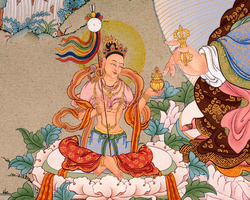 Padmasambhava Painting | Guru Rinpoche with Consorts and Amitabha Buddha