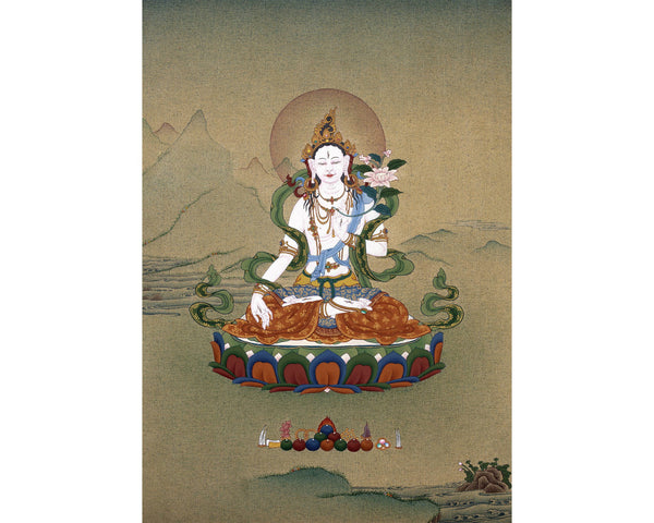 White Tara, Tibetan Thangka Painting, in Natural Stone colors