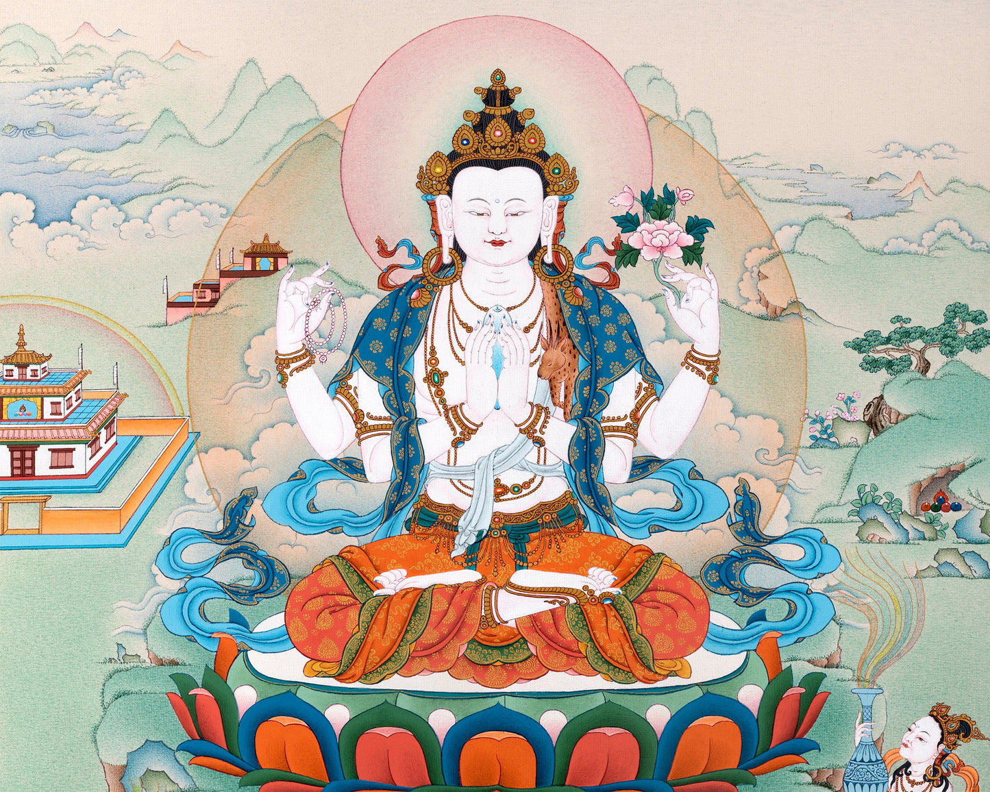 Avalokiteshvara- Chenrezig Bodhisattva Thangka, Tibetan Vajrayana Buddhist Painting