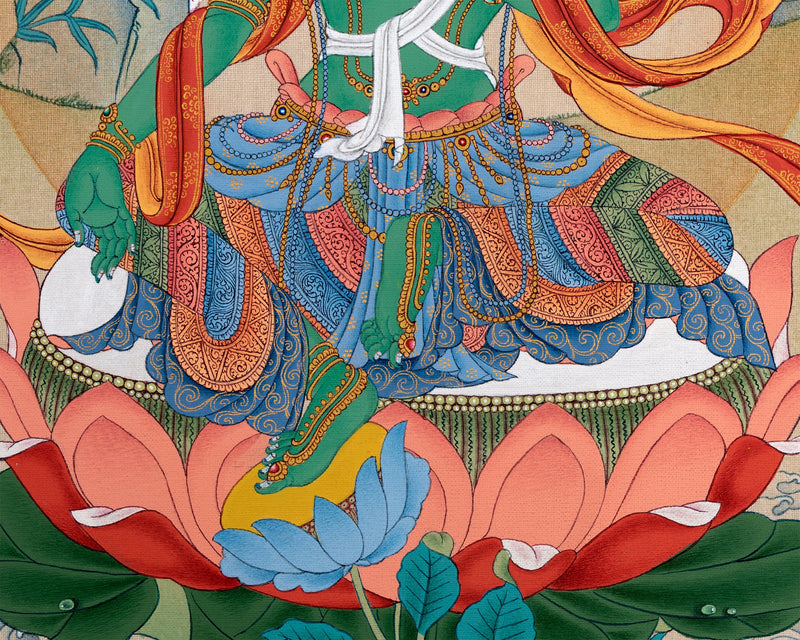 Green Tara Thangka | Tibetan Mother Tara | Natural Stone Colors and 24K Gold