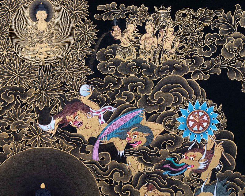 Buddha Shakyamuni And Mara Thangka Art | Traditional Hand Painted Artwork | Harmony Of Light And Darkness