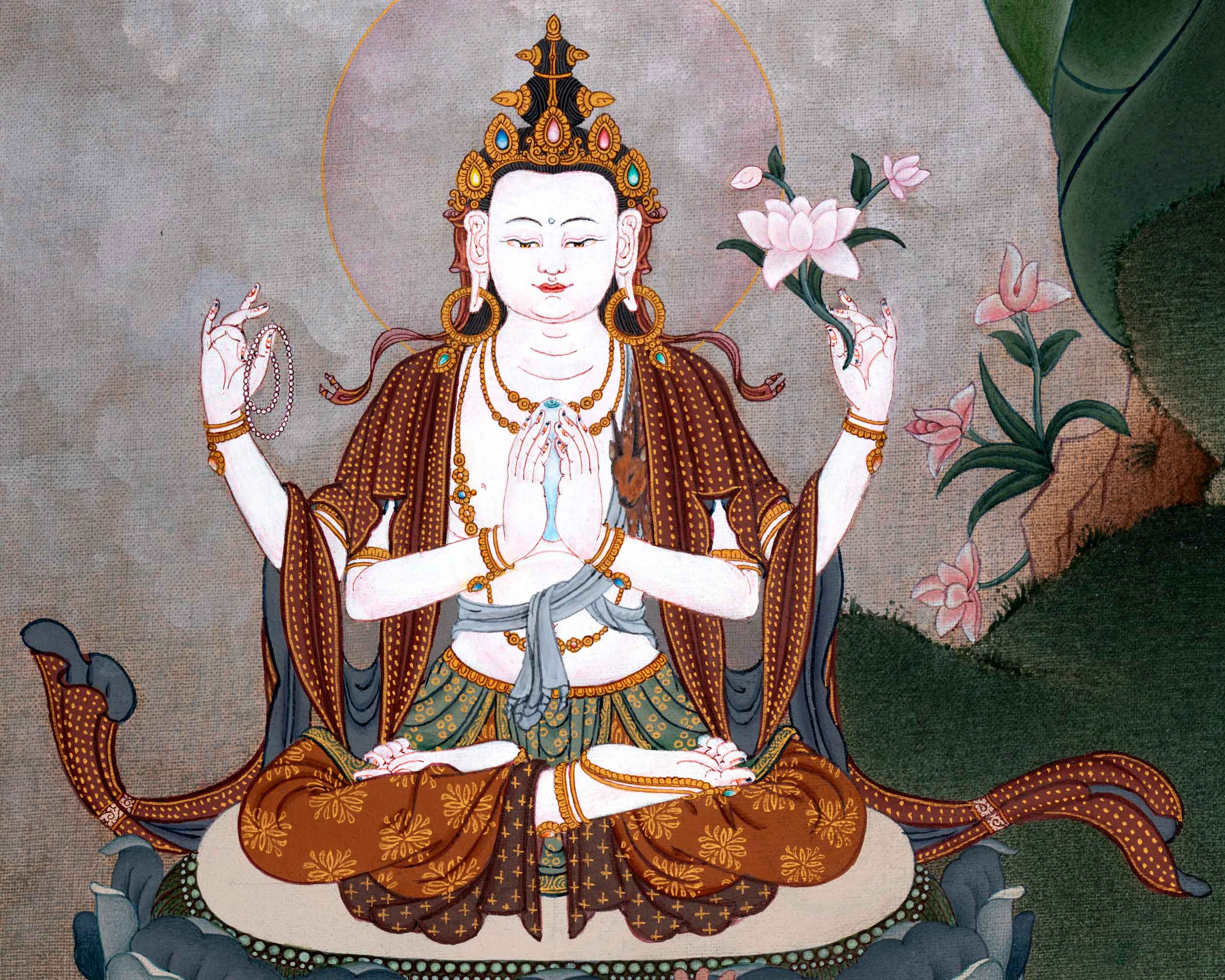 Manjushri with Chenrezig and Vajrapani Thangka | Hand Painted Artwork of Traditional Buddhism | Meditation Art