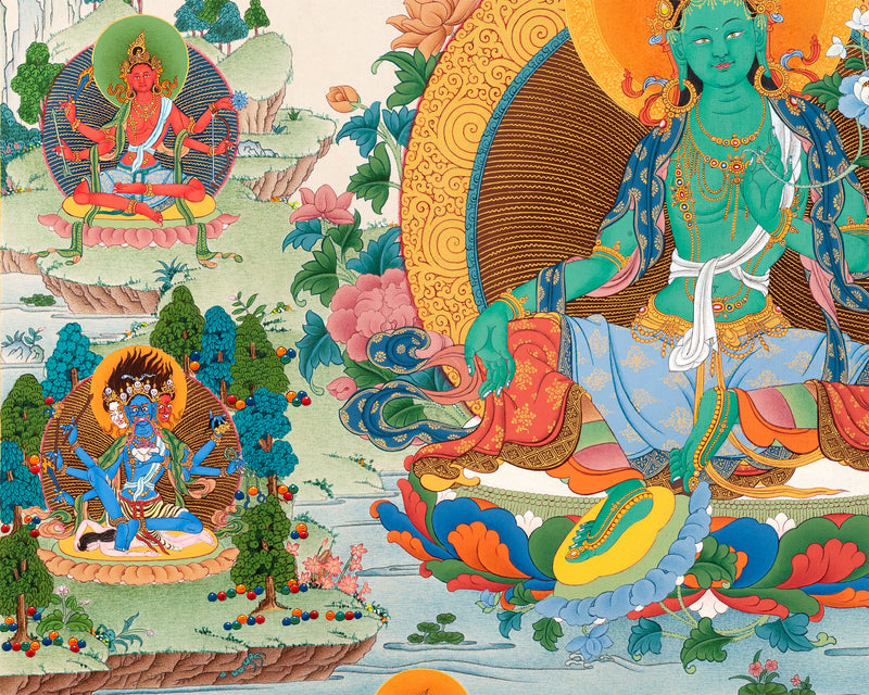 21 Tara of Suryagupta Tradition, Tibetan Thangka Print with Brocade