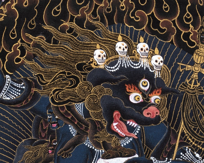 Singhamukha Thangka | Simhamukha | Lion Faced Dakini | Black And Gold Painted Tibetan Art