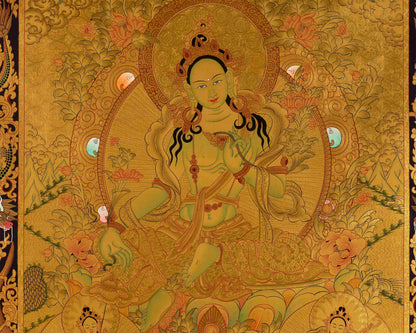 Gold Green Tara Thangka | Religious Buddhist Painting | Wall Decors