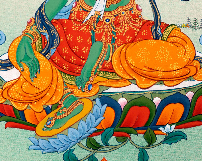 Green Tara Female Buddha Thangka | Traditionally Hand Painted Tibetan Art