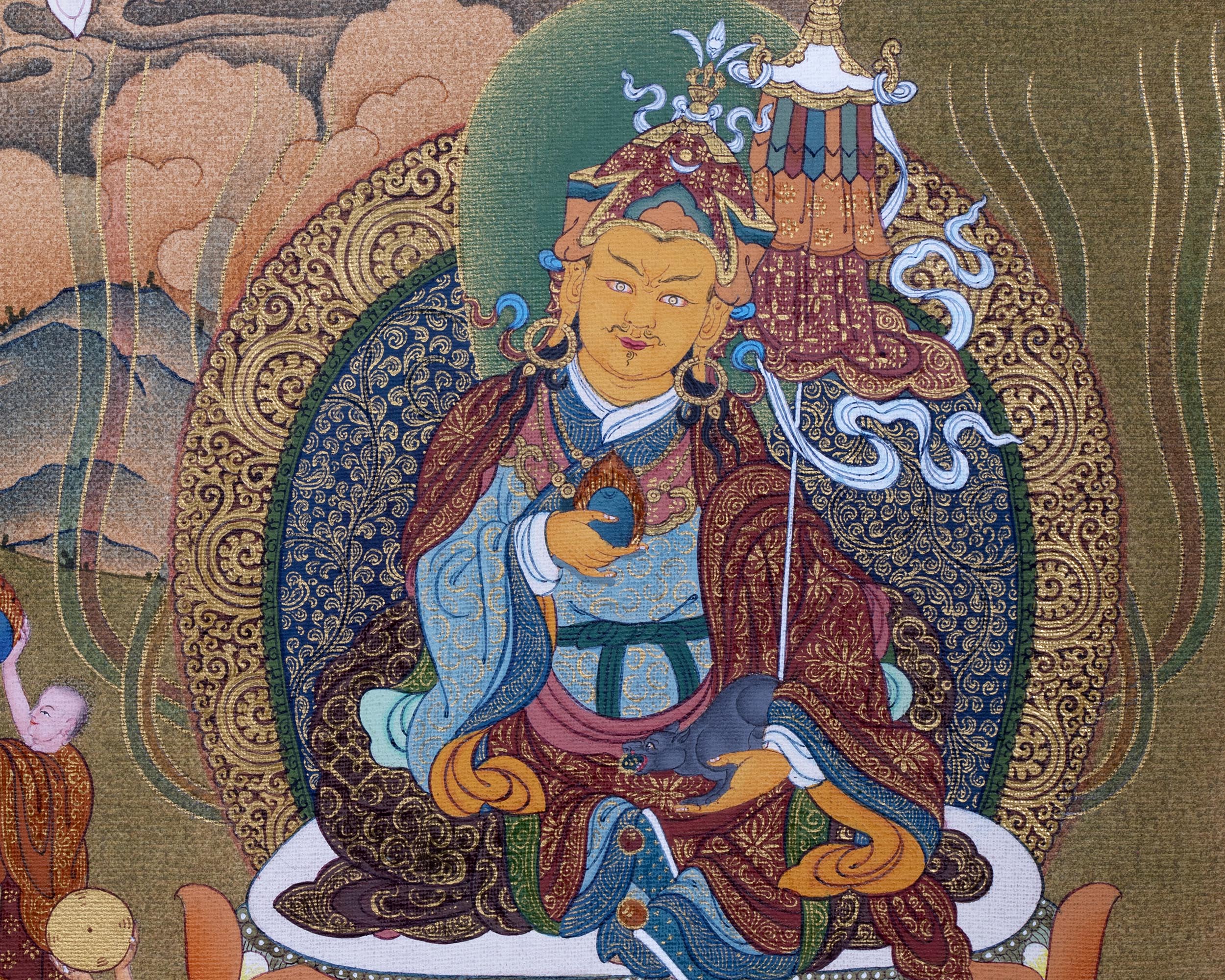 Guru Rinpoche With Guru Norla and Urgen Menla Thangka | Vajrayana Thangka Prints | Buddhist Art