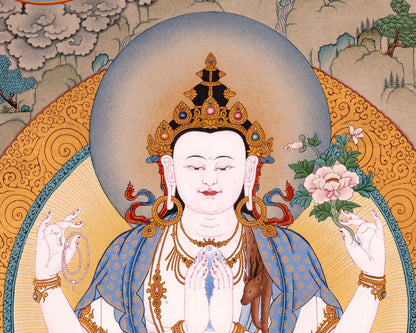 Bodhisattva Thangka | Chenrezig with Vajrapani, Manjushri and Amitabha Buddha