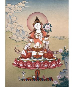 White Tara Thangka, Tibetan Tara Painting, Traditional Buddhist Art