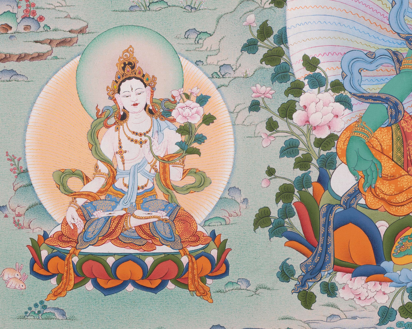 Green Tara with Buddhas and Bodhisattvas | Traditional Tibetan Thangka Print