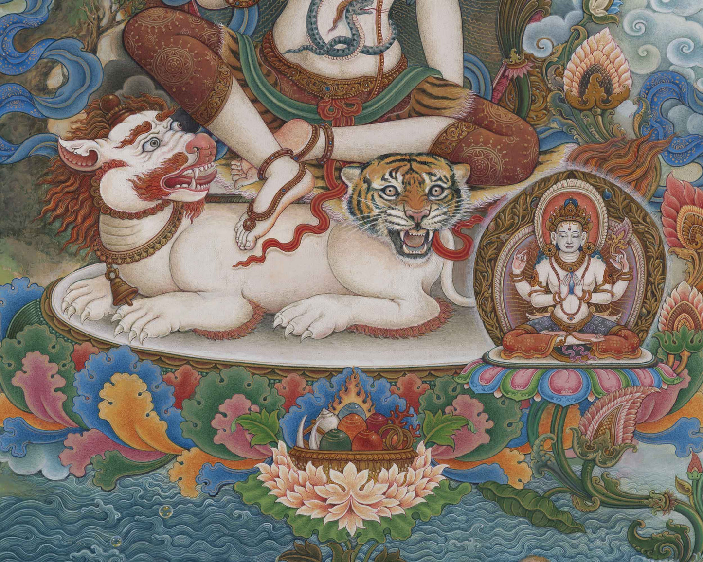 Simhanada Avalokiteshvara Seated On A Roaring Lion Print | Himalayan Art For Healing Practice