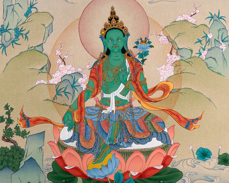 Green Tara Thangka | Tibetan Mother Tara | Natural Stone Colors and 24K Gold